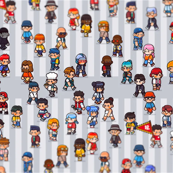 A crowd of pixel-art characters crossing a street