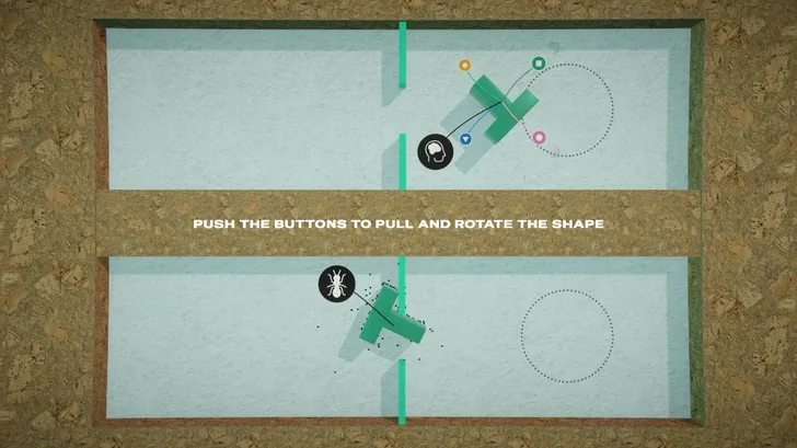 Top-down game board where a person and an ant pull a green shape