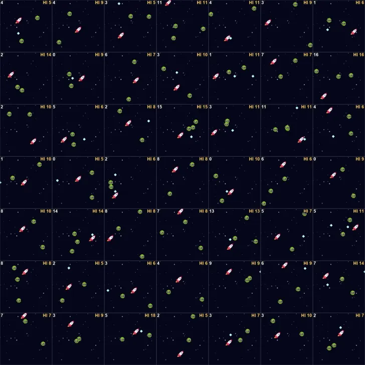 Grid of arcade screens, each with a rocket, asteroids, and a high score